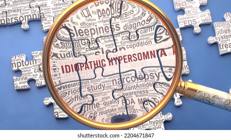 Idiopathic hypersomnia as a complex topic under close inspection. Complexity shown as puzzle pieces with dozens of ideas and concepts correlated to Idiopathic hypersomnia,3d illustration