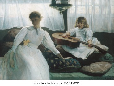 IDLE HOURS, By Julian Alden Weir, 1888, American Painting, Oil On Canvas. The Artist\x90s Wife, Anna, And Their First Child, Caroline, Are Seated In A Large, Sunny Room. It Is Painted In A Subdued