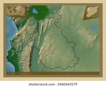Idlib, province of Syria. Colored elevation map with lakes and rivers. Locations of major cities of the region. Corner auxiliary location maps