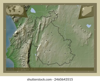 Idlib, province of Syria. Elevation map colored in wiki style with lakes and rivers. Locations of major cities of the region. Corner auxiliary location maps