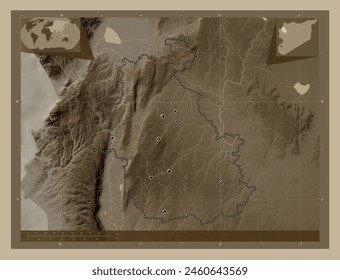 Idlib, province of Syria. Elevation map colored in sepia tones with lakes and rivers. Locations of major cities of the region. Corner auxiliary location maps