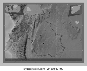 Idlib, province of Syria. Grayscale elevation map with lakes and rivers. Locations of major cities of the region. Corner auxiliary location maps