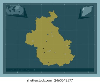 Idlib, province of Syria. Solid color shape. Locations of major cities of the region. Corner auxiliary location maps