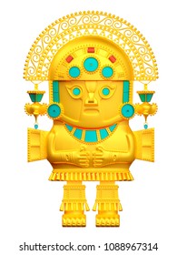 Idol Of Inca Culture, Gold Native Statuette. 3d Illustration