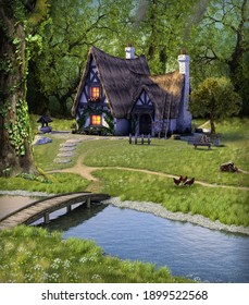 Idyllic fantasy fairytale cottage hidden in a deep forest, 3d render.
