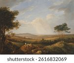 Idyllic landscape painting with vast sky, rolling hills, and trees. Two figures in the foreground. Serene, pastoral scene with expansive, peaceful views. Vintage oil painting artwork.