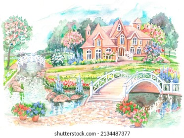 An idyllic rural landscape  house in garden and flowers   spring flowering trees and bridge over river are drawn in watercolor paper for graphic design 