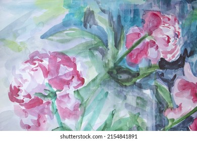 Idyllic watercolor painting. Mist and ripple texture color of season 2022. Blossoming peonies daybreak thickness background. Texture with wet splashes and drips.