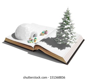 Igloo With  Christmas Gifts On The Open Book. 3d Concept 