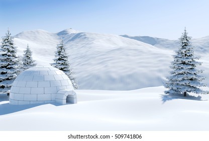 Igloo in snowfield with snowy mountain and pine tree covered with snow, Arctic landscape scene, 3D rendering