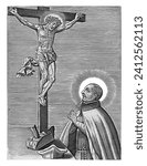 Ignatius of Loyola in adoration, Hieronymus Wierix, after Maerten de Vos, 1563 - 1669 Saint Ignatius of Loyola in adoration before a life-size crucifix.
