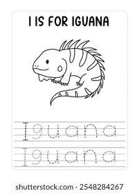Iguana is a small lizard with a long tail. It is black and white. It is sitting on a piece of paper