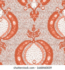 Ikat Effect Peach Colored  Colored Modern Royal Ottoman Damask Seamless On Linen Pattern