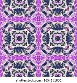 Ikat Pattern. Seamless Tie Dye Ornament. Ethnic Islamic Design. Pink and Blue Seamless Texture. Abstract Batik Design. Ikat CraftHand Made Pattern.