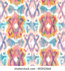 Ikat Seamless Bohemian Ethnic Pattern In Watercolour Style. Watercolor Ikat Oriental Ornaments.