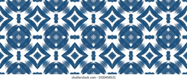 Ikat Seamless Strip picture. Navy blue, and white color. Aquarelle Damask Motif. Rainbow Rug Decor Textile Decoration. Colorful Watery Art watercolor ikat.