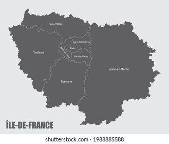 Ile-de-France administrative map divided in departments with labels, France