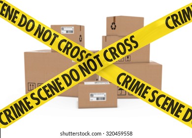 Illegal Parcels Concept - Stack of Cardboard Boxes behind Crime Scene Tape