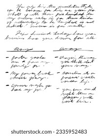 Illegible handwritten notes. Includes bullet points and two columns, sentences and a paragraph. Scribbled ink or pencil writing, in cursive. Vintage style diary page, recipe, or journal page. 