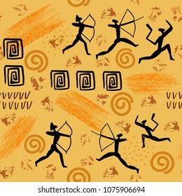 Illistration Of Rock Painting. Cave Drawings Man And Animals Anthropology Primitive Stone Age Paintings Seamless Pattern Background 