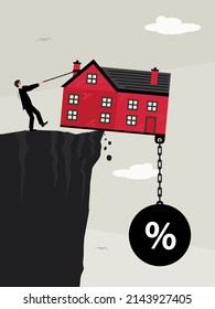 An Illlustration Of A House About To Fall Over The Edge Of A Cliff Because Of A Ball And Chain With A Percentage Symbol On It. A Metaphor On Property Debt And Mortage Costs.