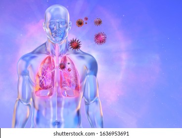 illness pathogen respiratory coronavirus 2019-ncov infected the human lungs. 3D medical illustration of patient lung infection, viral pneumonia disease, floating Wuhan ncov corona virus cells
