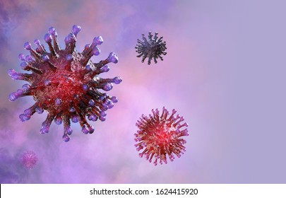 enfermedad coronavirus respiratorio 2019-ncov, brote de gripe 3D. Vista microscópica de las células del virus de la gripe flotante. Virus de la corona de enfermedad peligrosa, concepto de riesgo de pandemia del SARS
