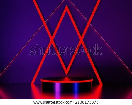 Illuminated 3D cylender or stage podium with realistic red geometric pattern neon light and blue wall as background 3D render Stock photo © 