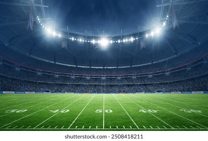 Illuminated American Football Stadium at Night with Empty Field and 3d rendering 