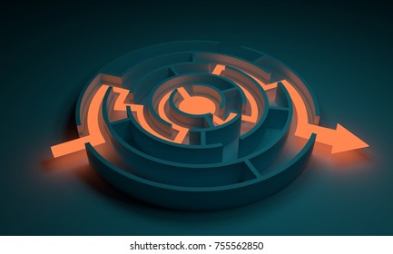 Illuminated Arrow As Path Across Circular Labyrinth. Right Way Concept. 3D Rendering