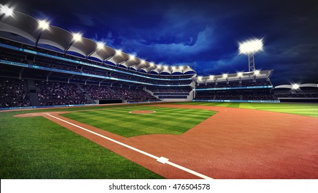 Illuminated Baseball Stadium With Spectators And Green Grass, Sport Theme 3D Illustration