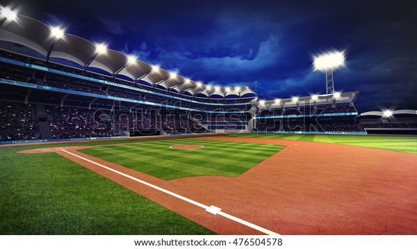 観客と緑の草で照らされた野球場 スポーツテーマ3dイラスト のイラスト素材