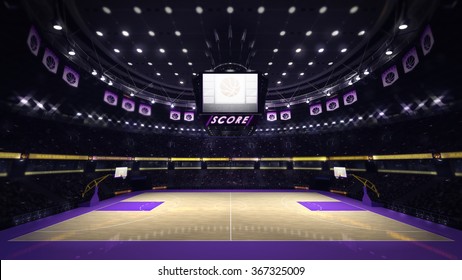 illuminated basketball court with spectators and spotlights, sport topic arena interior illustration 