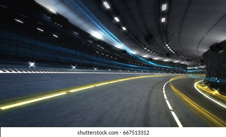 illuminated city road tunnel with spotlights, transportation theme 3D illustration rendering