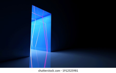 Illuminated color neon tunnel entrance  with blue lights. 3d rendering