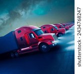 Illuminated convoy of red semi trucks on a highway at dusk, epitomizing the seamless operation of long-haul goods transportation under a starlit sky.