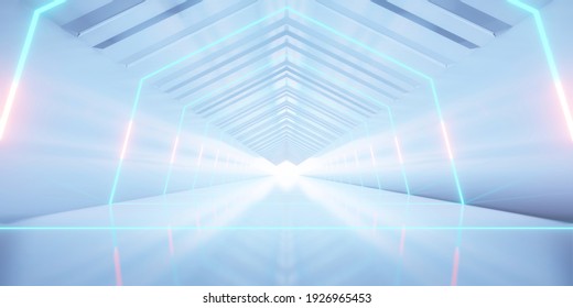 Illuminated corridor interior design. Abstract interior sci-fi spaceship corridors. futuristic design spaceship interior in blue background. 3d rendering.