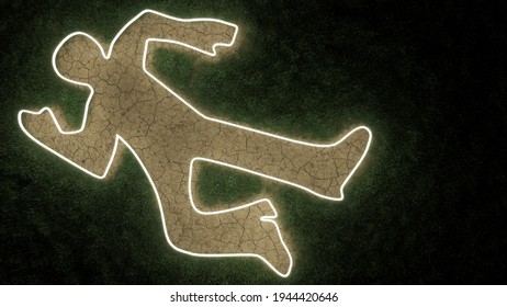 Illuminated Dead Body Outline Over A Barren Area In The Middle Of A Grassy Land 3D Rendering