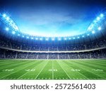 Illuminated Football Field at Night in a Stadium, 3d rendering