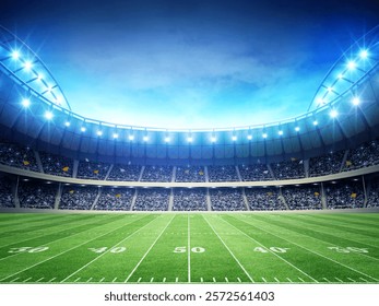 Illuminated Football Field at Night in a Stadium, 3d rendering