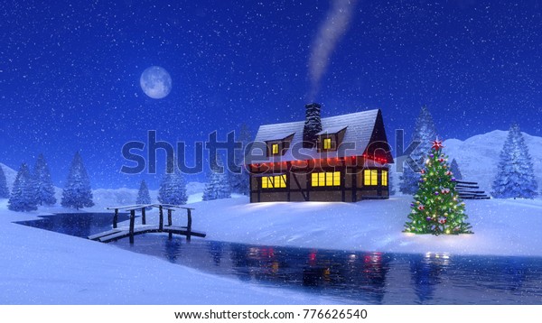 Illuminated Halftimbered Mountain Cabin Smoking Chimney Stock