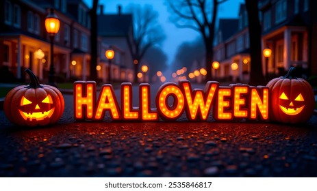 Illuminated HALLOWEEN letters stand on the street in the evening between houses next to pumpkins - Powered by Shutterstock