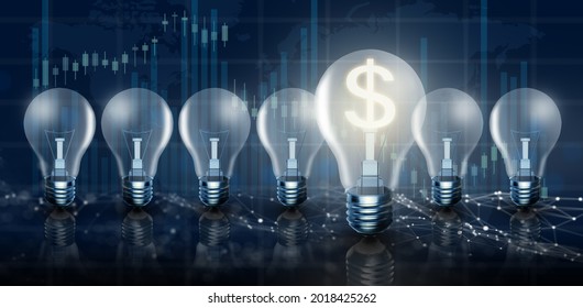 Illuminated light bulb in a row. One different Glowing with dollar sign inside on stock market graph background. Money making idea and Growth of dollar exchange rate Concept. 3D Render. - Powered by Shutterstock