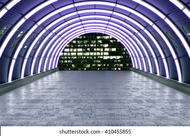 Illuminated purple tunnel with brick tile floor and building view. 3D Rendering