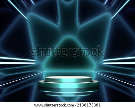 Illuminated realistic cylender or stage podium with abstract green and blut neon lights on background 3D render Stock photo © 