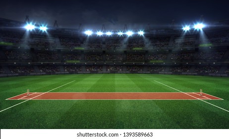 Illuminated round cricket stadium full of fans at night upper side view, modern public sport building background 3D render series 
