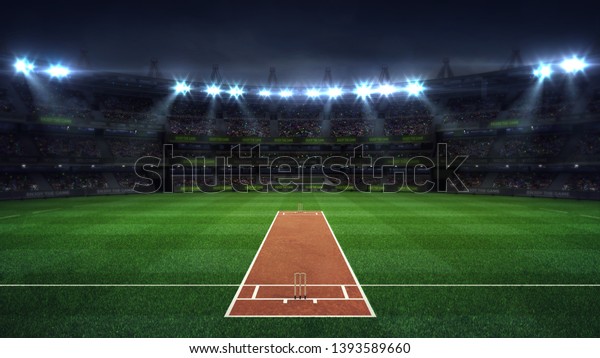 Illuminated round cricket stadium full of fans at night\
upper front view, modern public sport building background 3D render\
series 