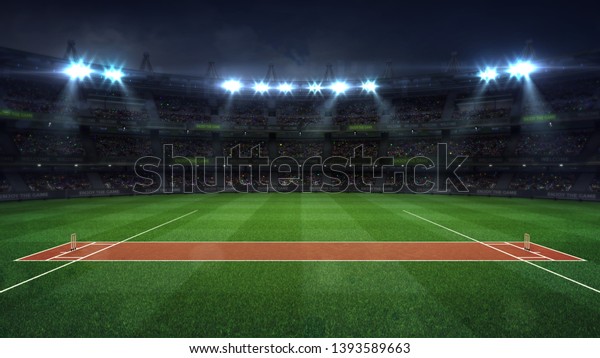 Illuminated round cricket stadium full of fans at night\
upper side view, modern public sport building background 3D render\
series 