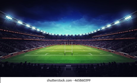 illuminated rugby stadium with spectators and green grass, sport theme three dimensional 3D illustration - Powered by Shutterstock