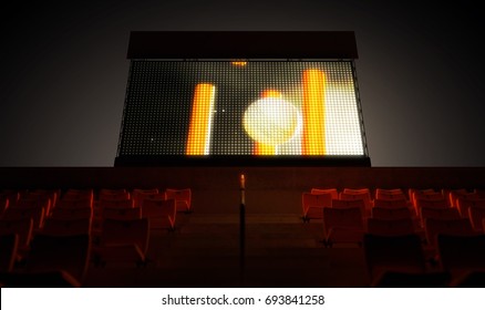 An Illuminated Stadium Big Screen Showing A Cricket Replay In The Stands In The Night Time - 3D Render